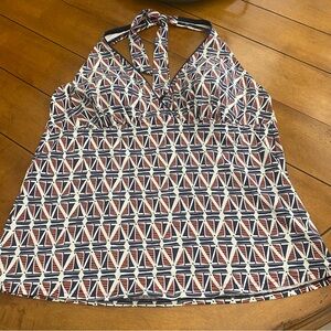 lands end tankini top Women’s sz 14 Geometric Tie Back Builtin Bra Preppy Blue